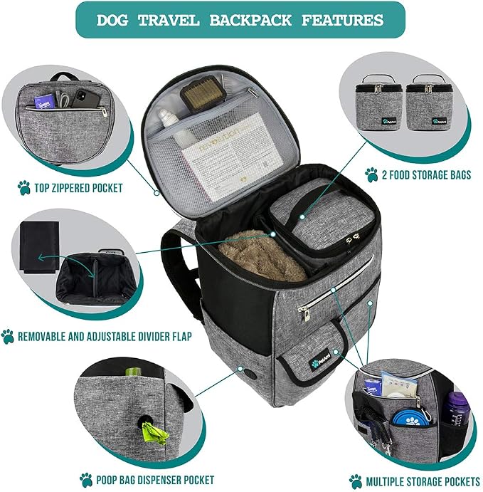 PetAmi Dog Travel Bag Backpack, 27L Airline Approved Pet Supplies Organizer with 2 Food Containers, 2 Collapsible Bowls & Poop Bag Dispenser, Weekend Road Trip Camping Dog Mom Gift, Gray