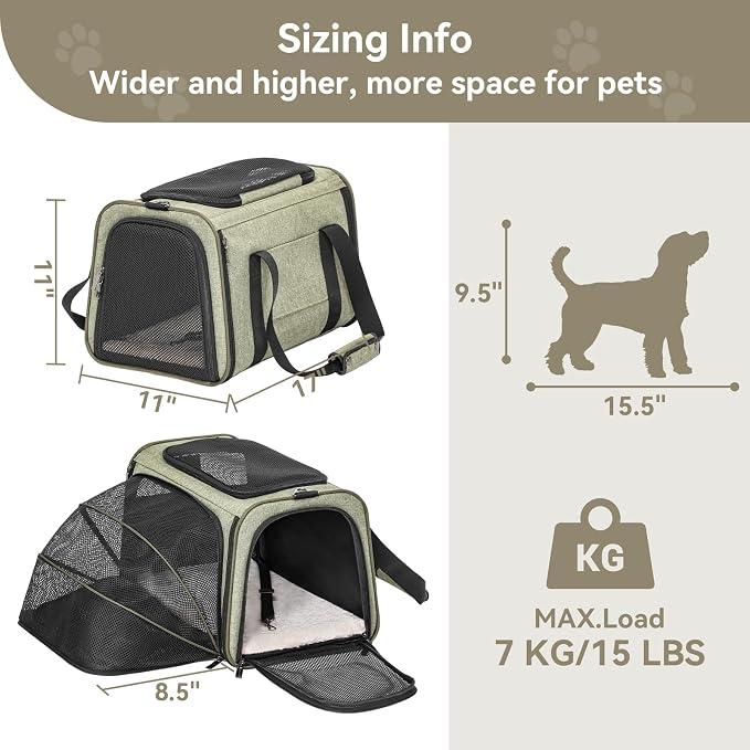 Petsfit Medium Expandable Cat Carrier for Air Travel, Up to 13 lb | 17 x 11 x 11 in; sized for Delta Air Lines, with locking zippers, a handy D-ring, large pocket and multi-side ventilation.