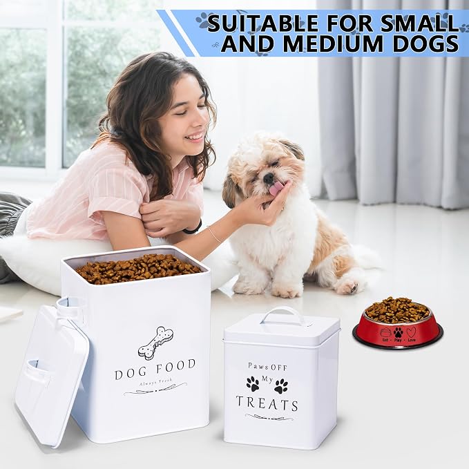 Meraki Home Small Dog Food Container and Dog Treats Container - Tight Lids - Feed Scoop and Pet Food Bowl - Farmhouse Metal Storage Bin - Glossy White