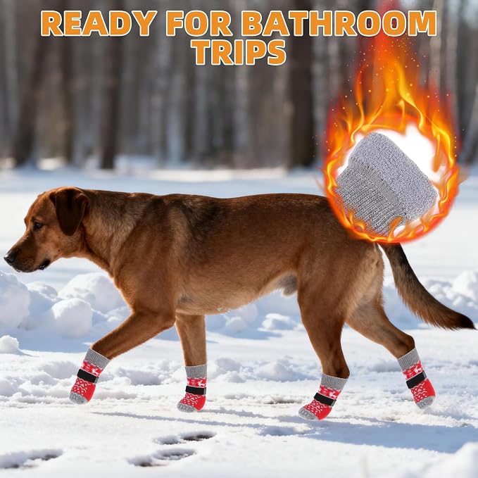 KOOLTAIL Dog Socks to Prevent Licking Paws, Dog Christmas Outfit Shoes for Winter Snow Pavement, Warm Fleece Pet Boots & Paw Protector for Hardwood Floors Anti Slip, Small Medium Large Size, Red M