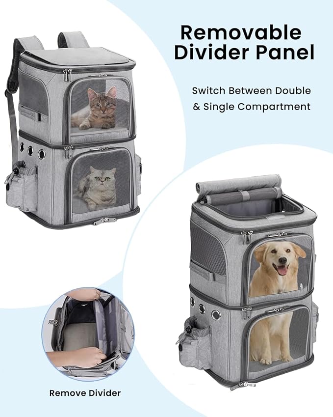 HOVONO Double-Compartment Cat Backpack Carrier for 2 Pets up to 18 lbs | 2-in-1 Pet Backpack Carrier for Small Cats & Dogs, Perfect for Traveling/Hiking /Camping/Vet Grey