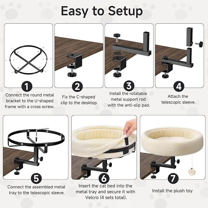 Chumajor Cat Desk Bed - 360° Rotating & Adjustable, Supports 50 lbs, Soft Faux Fur with Dual-Sided Reversible Mat, Modern Indoor Cat Nest Furniture for Office Desks and Game Tables, Island Table white | Secure Clamp Design Installs in Minutes Without D...