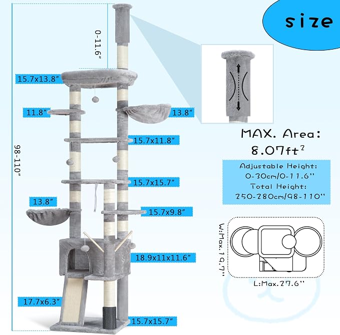 Hey-brother Cat Tree Tower, Adjustable Height, Floor to Ceiling, MPJ091W | 94.5-106.3 Inches Multi-Level Cat House, Scratching Posts, Plush Condo, Platform, Toy Ball for Indoor Big Cats, Light Gray