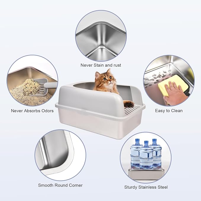 Henkelion 2 Pack Stainless Steel Cat Litter Box with Lid, 20" L x 14.2" W x 11.8" H, Extra Large Litter Box for Big Cats with High Sided, Anti-Urine Leakage, Easy Cleaning, Include Cat Mat and Scoop