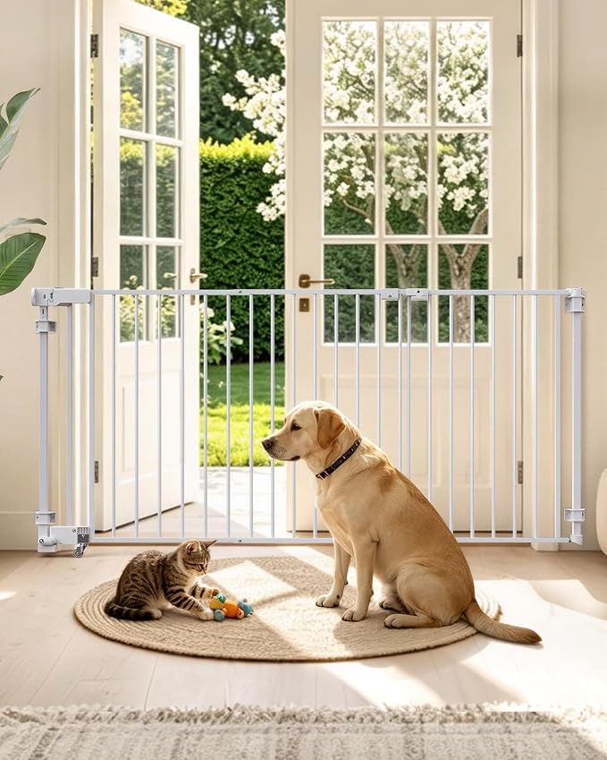 23.8"-60.6" Extra Wide Baby Gate for Stairs, Metal Pet Dog Gate for Doorways Indoor, 2 Installation Positions, Hardware Mount, 29.1”H Walk Through Safety Child Gate for Kids Toddler, White