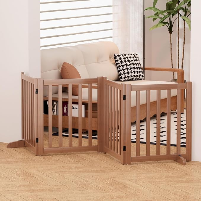 Wooden Freestanding Foldable Dog Gate, 24 Inch Height 4 Panel Pet Gate No Drill for Doorways Stairs, Fully Assembled Indoor Puppy Fence (Brown, 80" W x 24" H)
