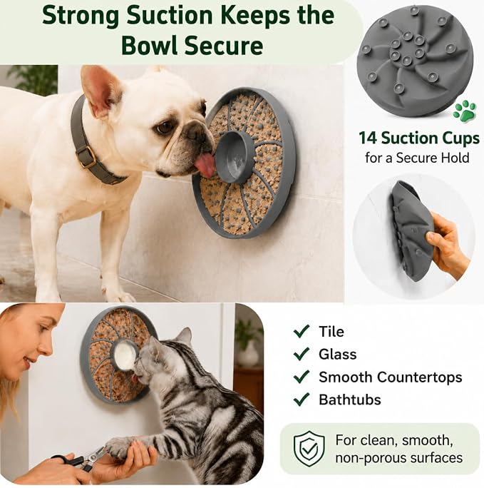 Slow Feeder Dog Bowl Silicone Suction Cup Anti Spill Dogs Cats Grey | strong suction base prevents sliding, extends mealtime, reduces anxiety, textured surface, dishwasher safe