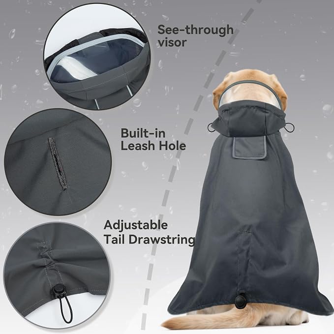 Waterproof Dog Raincoat with Hood, Windproof Rain Jacket for Medium Dogs | Adjustable Dog Rain Coat with Leash Hole, Reflective Poncho for Rainy&Snowy Day, Fits French Bulldog, Beagle, Shiba Inu