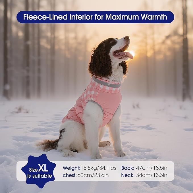 FUAMEY Dog Winter Coat Fleece Warm Large Dog Coat with Harness Built in | Dogs Cold Weather Fleece Coats Zip up Reflective Dog Winter Vest Windproof Water Resistant Snow Coats Pink Plaid XXL