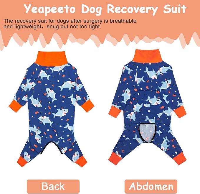 Dog Recovery Suit After Surgery Female Male, Medium Large Dog Neuter Shirt Cone Alternatives Prevent Licking Surgical Onesies (Blue Shark, 4XL)