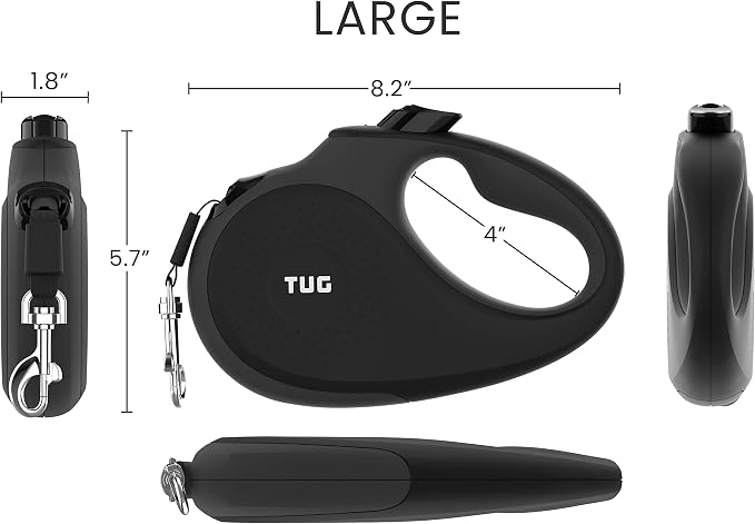 TUG Original Retractable Dog Leash, Anti-Slip, 16’ Tape (Large, Black/Grey) | Anti-Slip Handle, 16 ft Strong Nylon Tape, One-Handed Brake, Pause, Lock