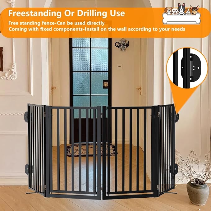 Free Standing Dog Gates with Door 36" Tall Use for Indoor Outdoor Stairs, Freestanding Dog Fence for Doorways Extra Wide, Metal Black 6 Panels