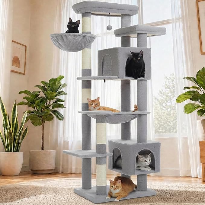 69" Tall Cat Tree for Indoor Cats Large Adult, Multi-Level Cat Tower | Multi-Level Cat Tree with Scratching Posts, Soft Padded Perch, 2 Dangling Toys