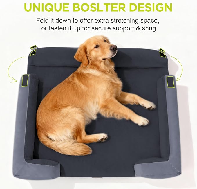 Waterproof Orthopedic Dog Bed for Extra Large Sized Dogs | Memory Foam Pet Bed Sofa with Bolster, Dog Couch with Washable Cover & Non-Slip Bottom, 45x35 Inch, Dark Grey