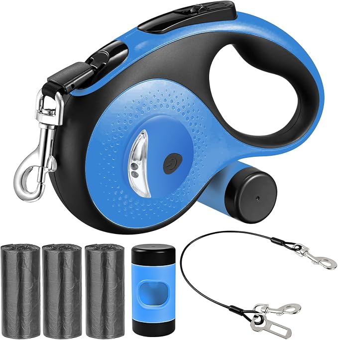 26Ft Retractable Dog Leash - for Dog Up to 110lbs, Tangle Free Walking Leash with Chew Proof Cable | LED Light | Dispenser | Poop Bags, Quick Lock Braking & Non-Slip Handle (Blue)