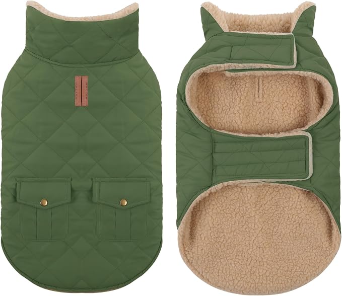 Winter Coat for Small Dogs, Puppy Plaid Jacket, Dog Jacket for Cold Weather, Windproof Warm Garments, Pets Thickened Outfits Indoor Outdoor, Army Green S