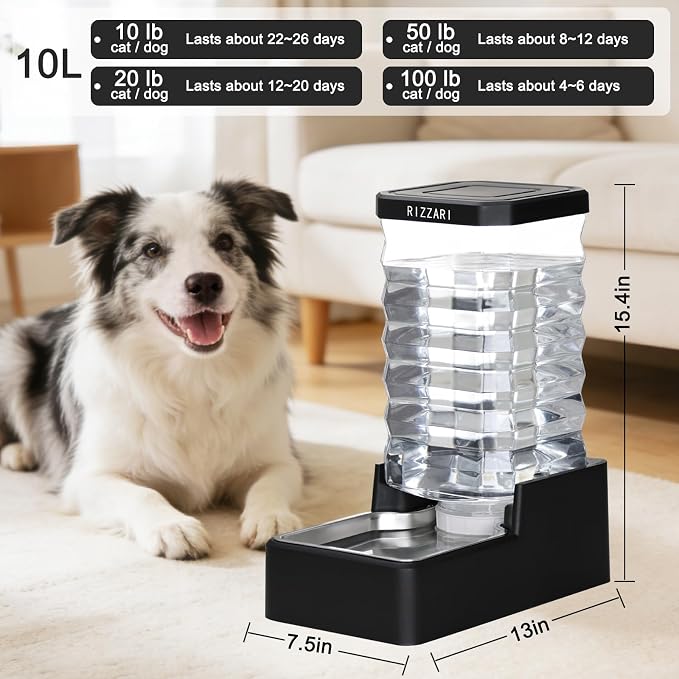 RIZZARI 10L Filtered Gravity Water Bowl Dispenser for Dogs - Dog Bowls | Dishwasher Safe Bowl,Triple-Layer Filtration,Cleaner Everyday Hydration,Large Dog Water Supply,Long-Lasting Freshness,
