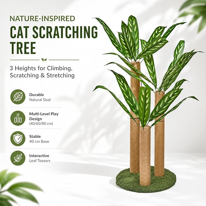 LEMONDA 31.5Inch Cat Scratching Post | Cat Scratcher Tree, Cat Scratching Posts,3 Scratching Poles,2 Interactive Dangling Balls, For Indoor Kitten & Adult Cats