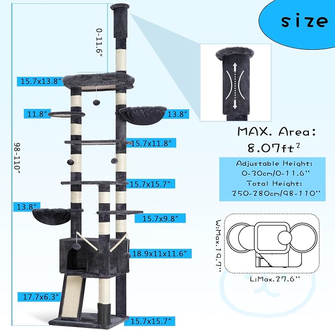 Hey-brother Cat Tree Tower, Adjustable Height, Floor to Ceiling, MPJ091G | 94.5-106.3 Inches Multi-Level Cat House, Scratching Posts, Plush Condo, Platform, Toy Ball for Indoor Big Cats, Smoky Gray