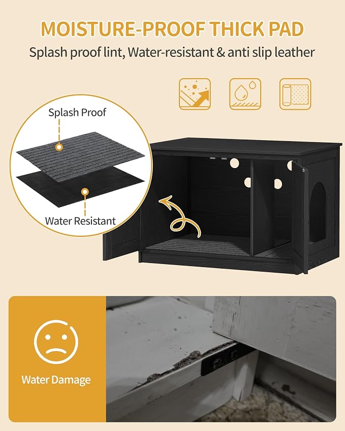 Hzuaneri Cat Litter Box Enclosure, Hidden Litter Box Furniture with Divider | Wooden Cat Cabinet with Removable Dividers, Reversible Entrance Left or Right Side, Cat Washroom, Black CB84604X