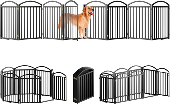 SNUOWU 8 Panels Full Matel Freestanding Dog Gates with Door, 192"Extra Wide 32"Tall Free Standing Dog Pet Gate for Indoor & Outdoor. Foldable Pet Fences for Doorways, House, Stairs, Porch, Deck, Yard