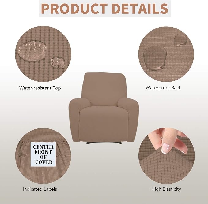 Easy-Going 100% Waterproof Recliner Chair Cover，1-Piece Recliner Slipcover | Dual Waterproof Couch Cover for Recliner，Leakproof Furniture Protector for Kids Pets Dog Cat Daily Stain, Camel