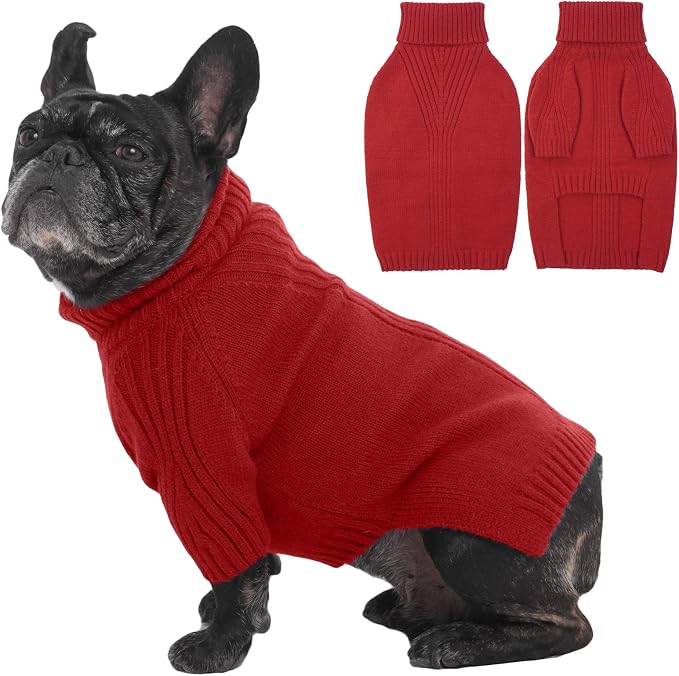 IECOii Dog Sweaters for Medium Dogs Girl Boy,Christmas Knit Doggy Sweatshirt with Sleeve,Turtleneck Thick Warm Dog Sweaters for Winter,Pullover Knitwear for French Bulldog,Boston Terrier (Red, L)