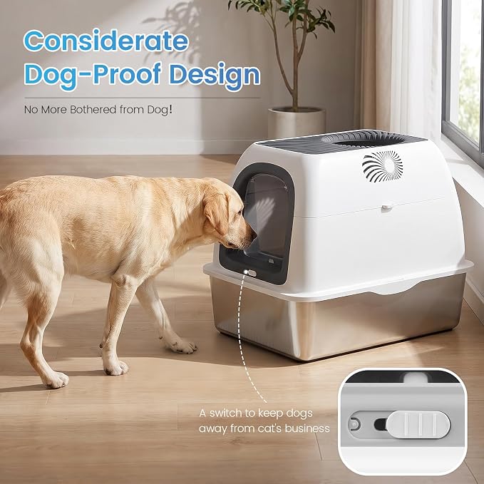 SuzziPaws Stainless Steel Litter Box Top-Entry Dog-Proof for Multi-Cats | XL Dark Grey Hooded Cat Litter Box with Filter & Scoop, Anti-Leakage High Walls Reduce Tracking for Multi-Cat Homes