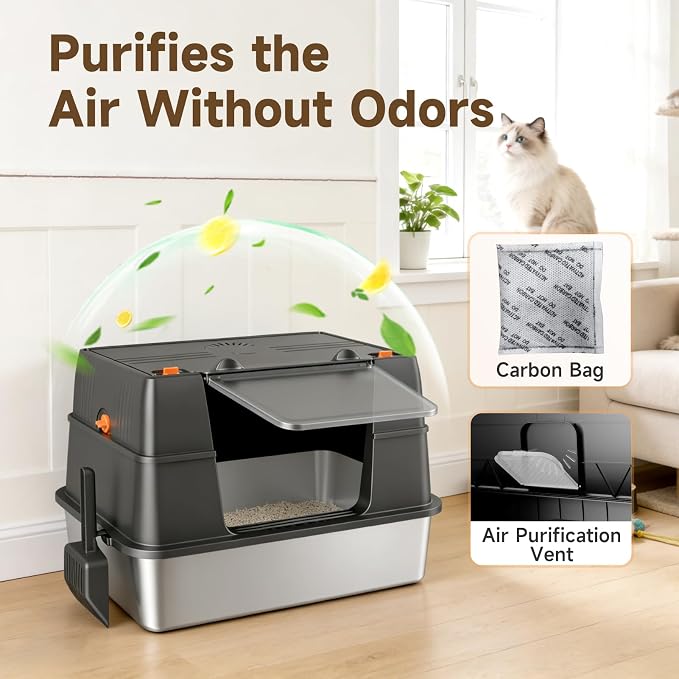 Stainless Steel Litter Box with Lid, High Sided Enclosed Metal Litter Box for Big Cats, Easy Cleaning Anti-Urine Leakage, Non-Sticky Cat Box, Front Entry Top Exit KittyBox, Includes Mat & Scoop