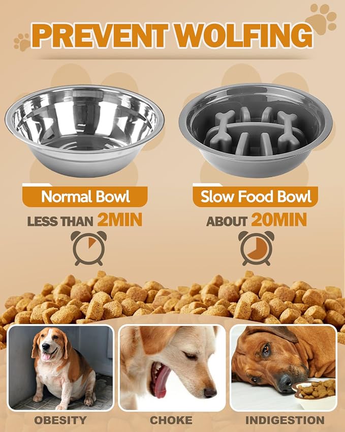 Jovrun Elevated Dog Bowls for Medium Large Size Dogs, Non-Slip Dog Feeder with 1*Stainless Steel Dishes & 1*Slow Feeder Bowl, 5 Heights Adjustable Raised Bowls to 3.15″-8.66″-9.84″-11.02″-12.2″
