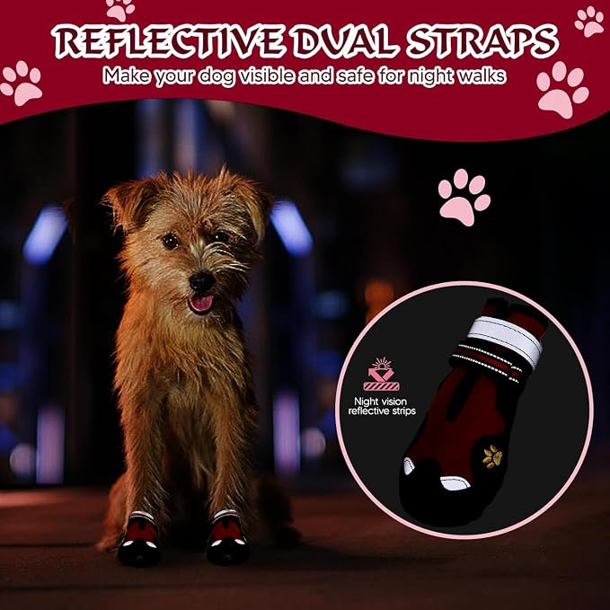 Dog Shoes for Large Dogs, 360°Anti Slip Medium Dog Boots & Paw Protectors Winter Snowy, Waterproof 4Pcs Dog Booties with Reflective Strips (Size 2: 1.77''x2.3''(W*L), Red)