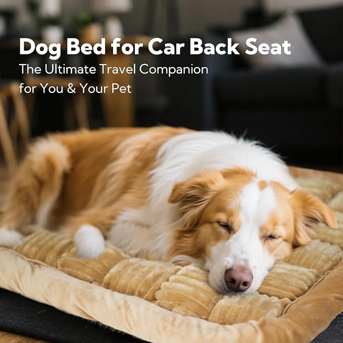 Soulbond Dog Bed for Car Back Seat Plush Backseat Pet Bed Mat, Light Brown | Non-Slip Travel Pet Mat, Fuzzy Plaid Dog Seat Cover, Fit for Backseat Extenders and Trucks SUVs