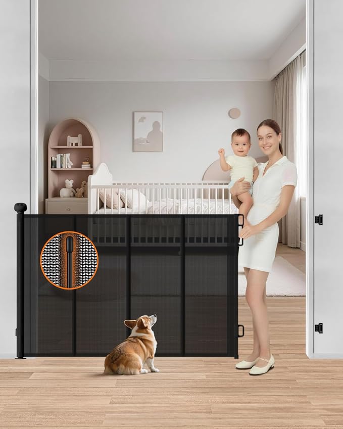 Retractable Baby Gate, Up to 55" Wide Reinforced Retractable Gate | 4 Fiberglass Support Rods for Extra Stability, Fully Retractable Design, 34" Tall for Stairs, Hallways & Doorways, Black