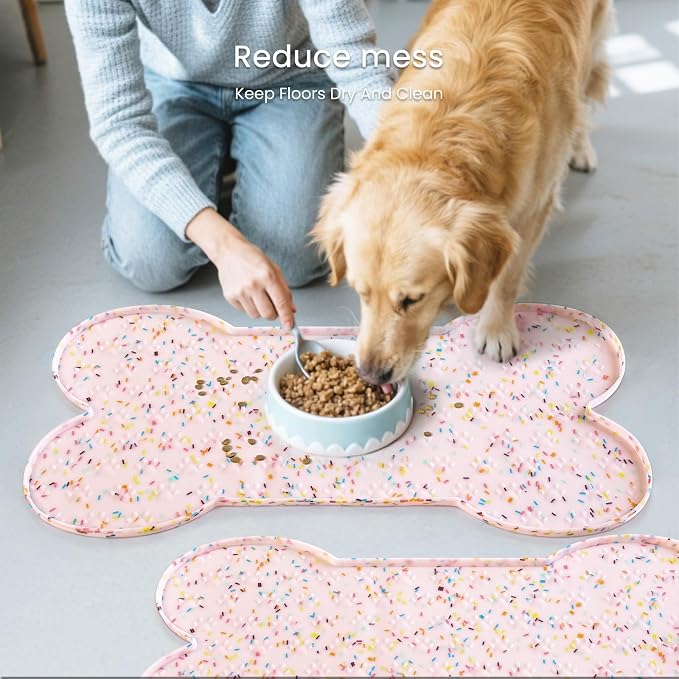 PWTAA Dog Food Mat Anti-Slip Silicone Dog Bowl Mat Thicker Pet Placemat Waterproof Cat Feeder Pad with Raised Edge Puppy Kitten Feeding Mats Suitable Small Medium-Sized Dogs Cats Eating Tray - 2PCS