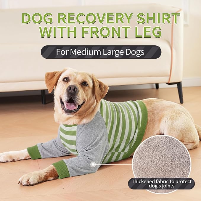 FUAMEY Dog Recovery Sleeve with Elbow Protector, Green Stripes, 2XL | Stop Licking Joints Shirt, Long Sleeve Suit, Protecting Front Leg Chest Arm Wounds, Cover Skin Conditions
