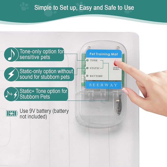 SEERWAY Scat Pet Shock Mat with Tester for Dog & Cat: 3 Training Modes | Keep dogs & cats off couch, bed, counter top Indoor, Build No-Pet boundary, Easy to clean, use and store, Battery operated