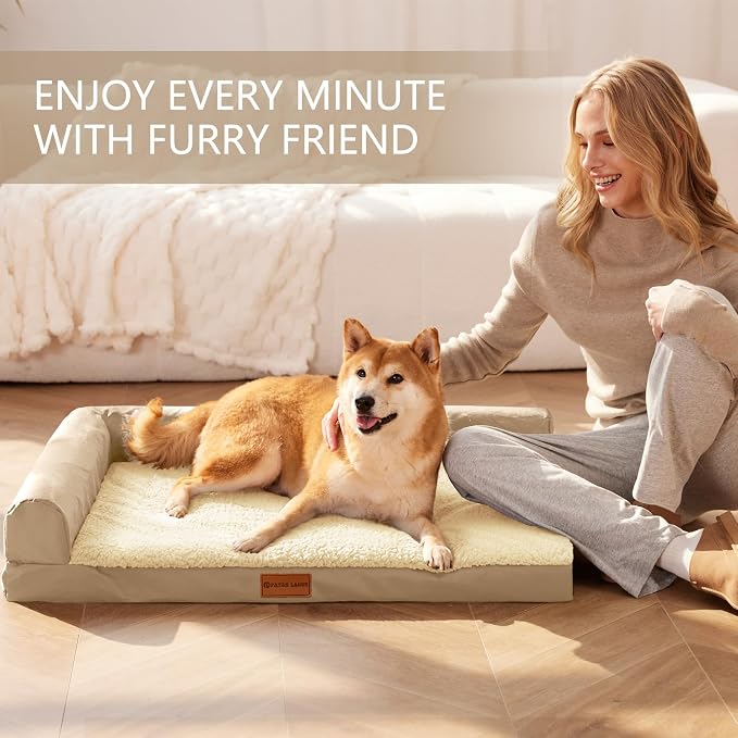 Patas Lague Orthopedic Large Dog Bed Pet Sofa Beds 48''X30''Beige | L Bolster Egg-Crate Foam Dog Couch For Large Sized Dogs, Waterproof Removable Washable Cover, Pet Mat with Nonskid Bottom