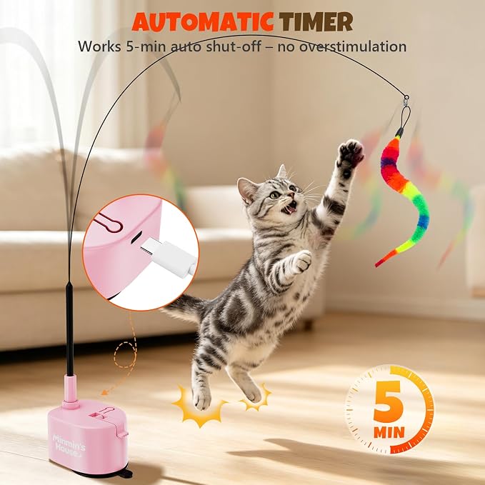 Interactive Cat Toys For Indoor Cats, 360° Flying Automatic Cat Toy, Pink | Rechargeable, Strong Suction Base, Self-Play & Handheld, Electric Spin Game Enrichment Toy, Long Kitty Wand for Bored Cats