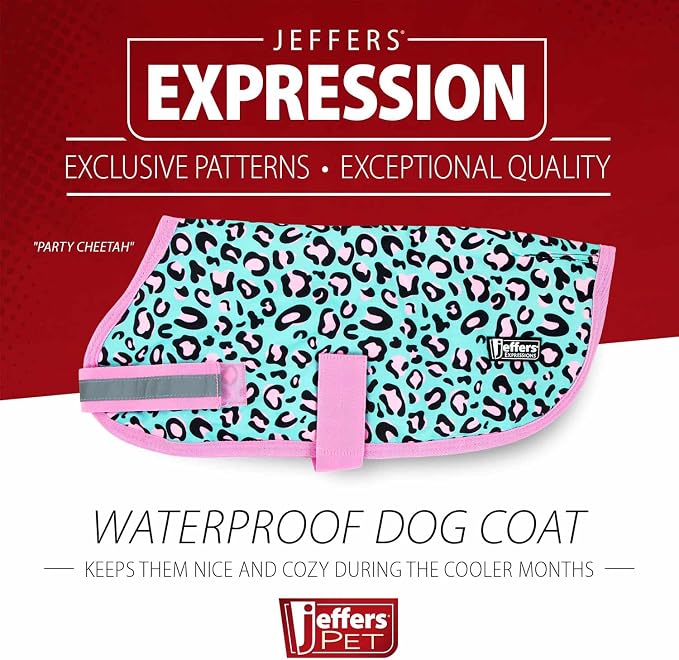 Jeffers Expression Dog Coat Waterproof Ripstop Winter Jacket 16" – 240g Insulated Blanket, Adjustable Belly & Chest Straps, Reflective Strips, Small to Large Breeds, Outdoor & Travel - Party Cheetah