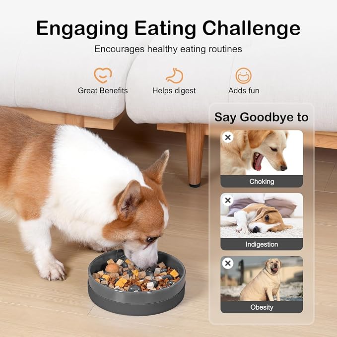 Sted Ceramic Slow Feeder Dog Bowls with Silicone Base | Slow Feeding Dog Bowl Small Medium Breed, Dog Food Bowls for Fast Eaters, Slow Down Eating, Puzzle Dog Food Bowl, Maze Grey