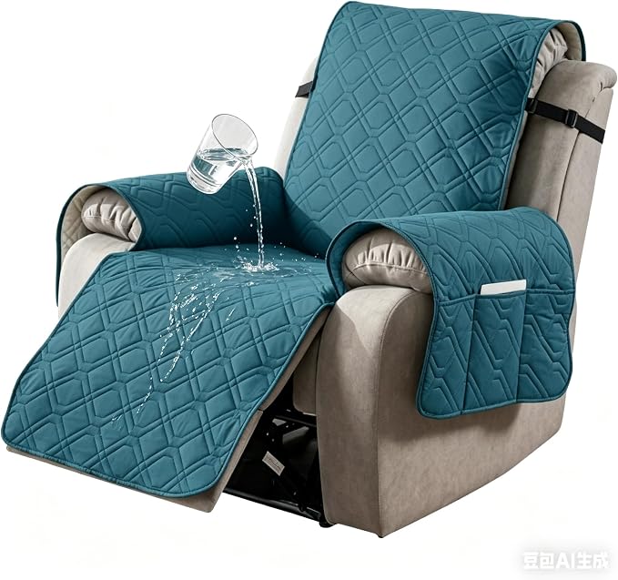 100% Waterproof Recliner Chair Cover, Non-Slip Washable Recliner Slipcover with Elastic Straps & Side Pocket, Stay in Place Furniture Protector for Dogs Cats Kids(Blue, 23)