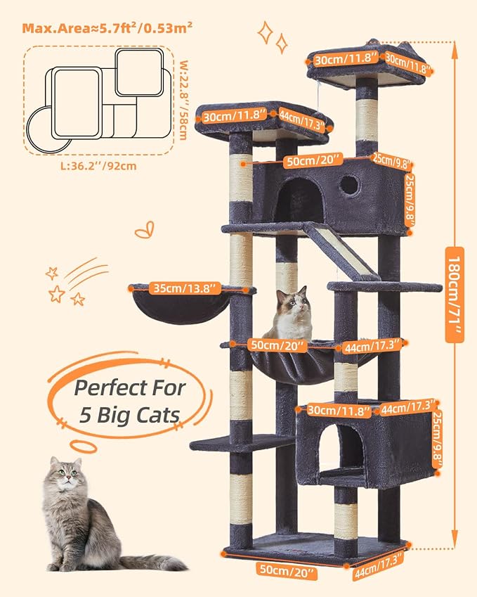 Taoqimiao Cat Tree, 71 in Extra Large Cat Tower for Inddor Cats, MS026LG | 2 Large Cat Condos, 2 Cute Perches, Metal Frame Cozy Hammock, Durable Scratch Board, 8 Natural Sisal Posts, Basket,Smoky Gray