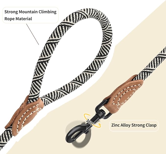 Mile High Life Dog Leash with Genuine Leather Connection, 6 FT/5 FT/4 FT | Rope Leash, Heavy Duty 360° Swivel Metal Clasp, for Small Medium & Large Dogs (White Beige, 60 Inch)