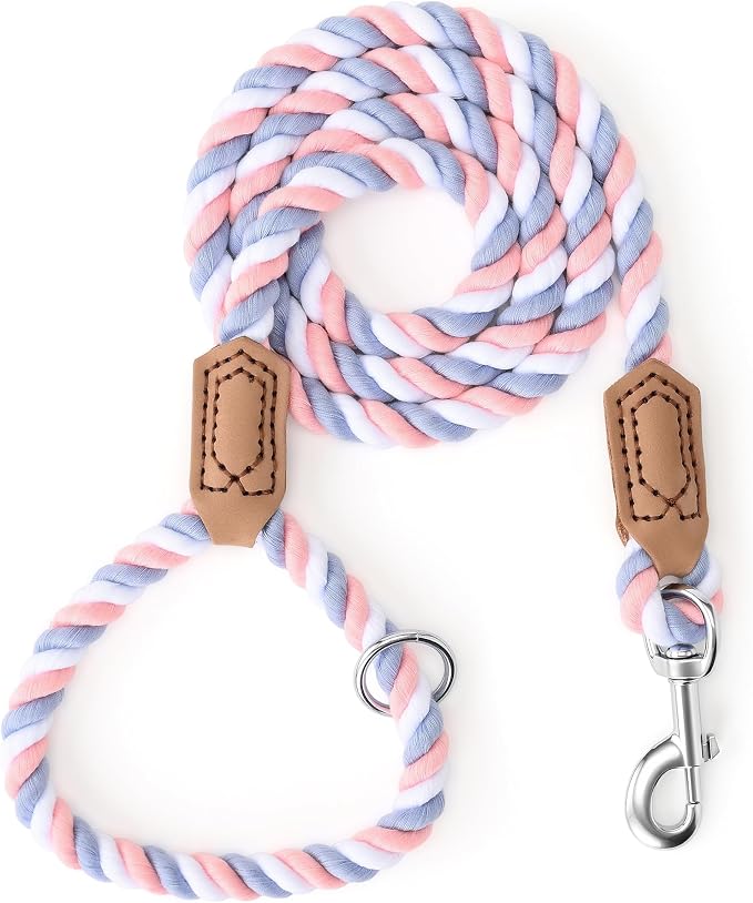 Mile High Life Rainbow Dog Leash Braided Cotton Rope w Leather-Wrapped Ends | Rust-proof 360° swivel clasp, Heavy-duty for medium/large breeds. Great for weddings, daily walks (5FT, 1/2", Pink/Purple)