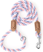 Mile High Life Rainbow Dog Leash Braided Cotton Rope w Leather-Wrapped Ends | Rust-proof 360° swivel clasp, Heavy-duty for medium/large breeds. Great for weddings, daily walks (6FT, 1/2", Pink/Purple)