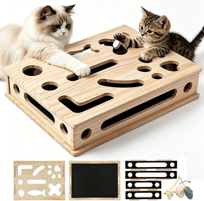 Cat Scratch Puzzle Enrichment Box, Large Cat Nail File Box with Sandpaper | Cat Claw Care, Cat Puzzle Toy Box Sturdy Wood with 3 Small Balls | Stress-Free Alternative to Nail Trimming