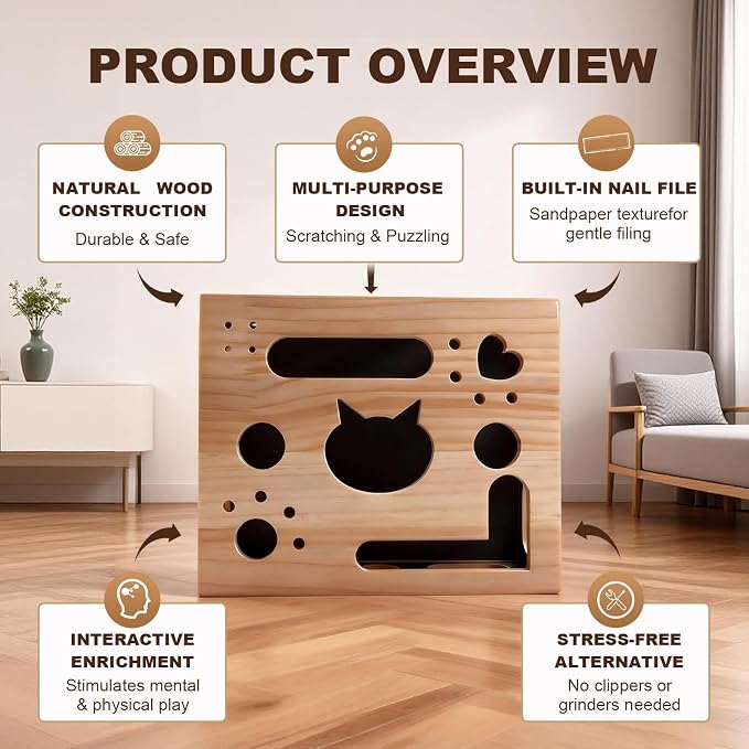 2026 New Model Cat Nail File Enrichment Box Cat Nail File Box with Sandpaper Stress-Free Alternative to Trimming Nails, Cat Toys Interactive for Indoor Cats Nail Scratcher（Natural Wood）