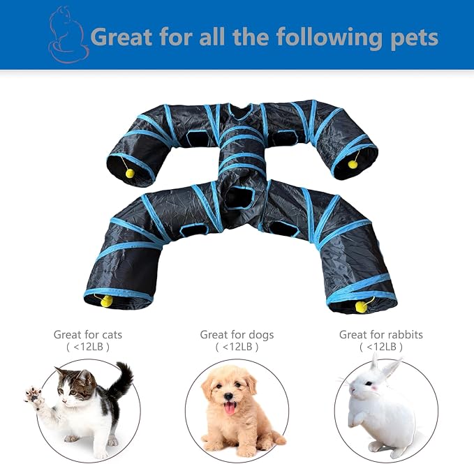 Foldable H-Shaped Cat Tunnel Toy with Interactive Playing Balls - 4 Exits for Cats, Kittens, Rabbits & Small Pets Collapsible Play Tube for Indoor Fun & Exercise (Blue Black)