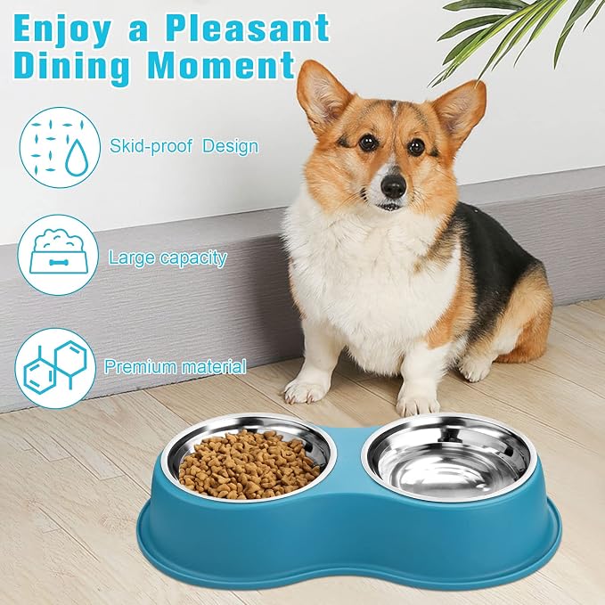Epetslove Stainless Steel Dog Bowls Double Non-Slip Dog Water and Food Bowl | Pet Feeder Bowls, Dog Dishes, Raised Feeding Design, Double Bowls Set, For Puppies, Medium Dogs and Cats, Outdoor / Indoor