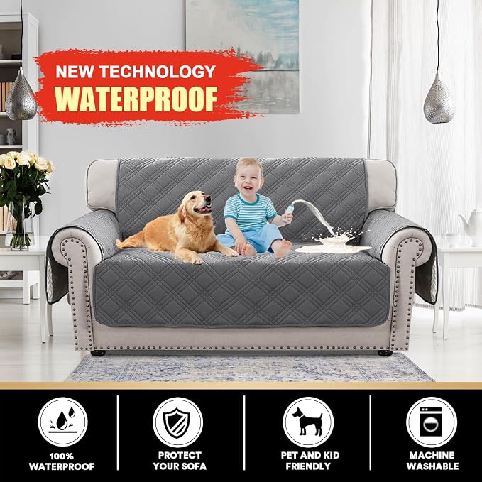 100% Waterproof Loveseat Covers for 2 Cushion Couch Sofa Covers Waterproof and Washable Sofa Slipcover with Side Pocket Furniture Protector with Elastic Straps(Loveseat 48", Grey)